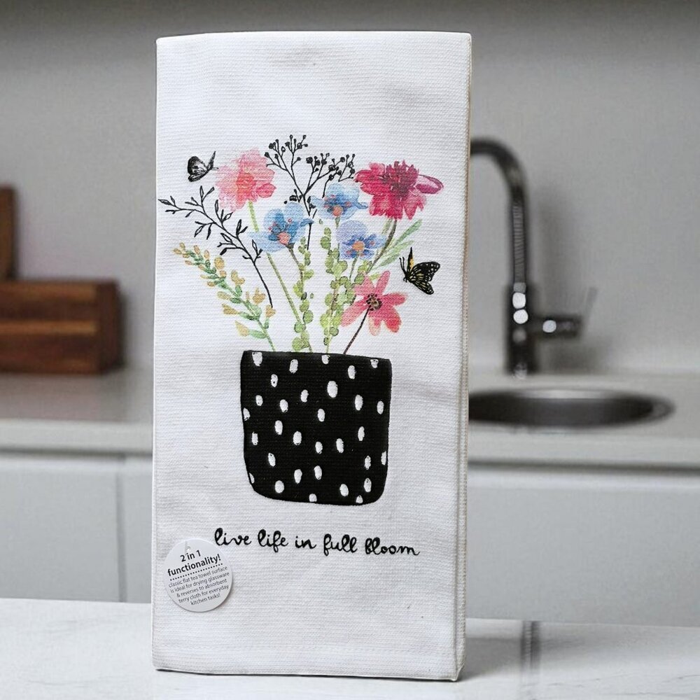 Live Life in Full Bloom Flat Tea Towel White with Floral Design - NWT
